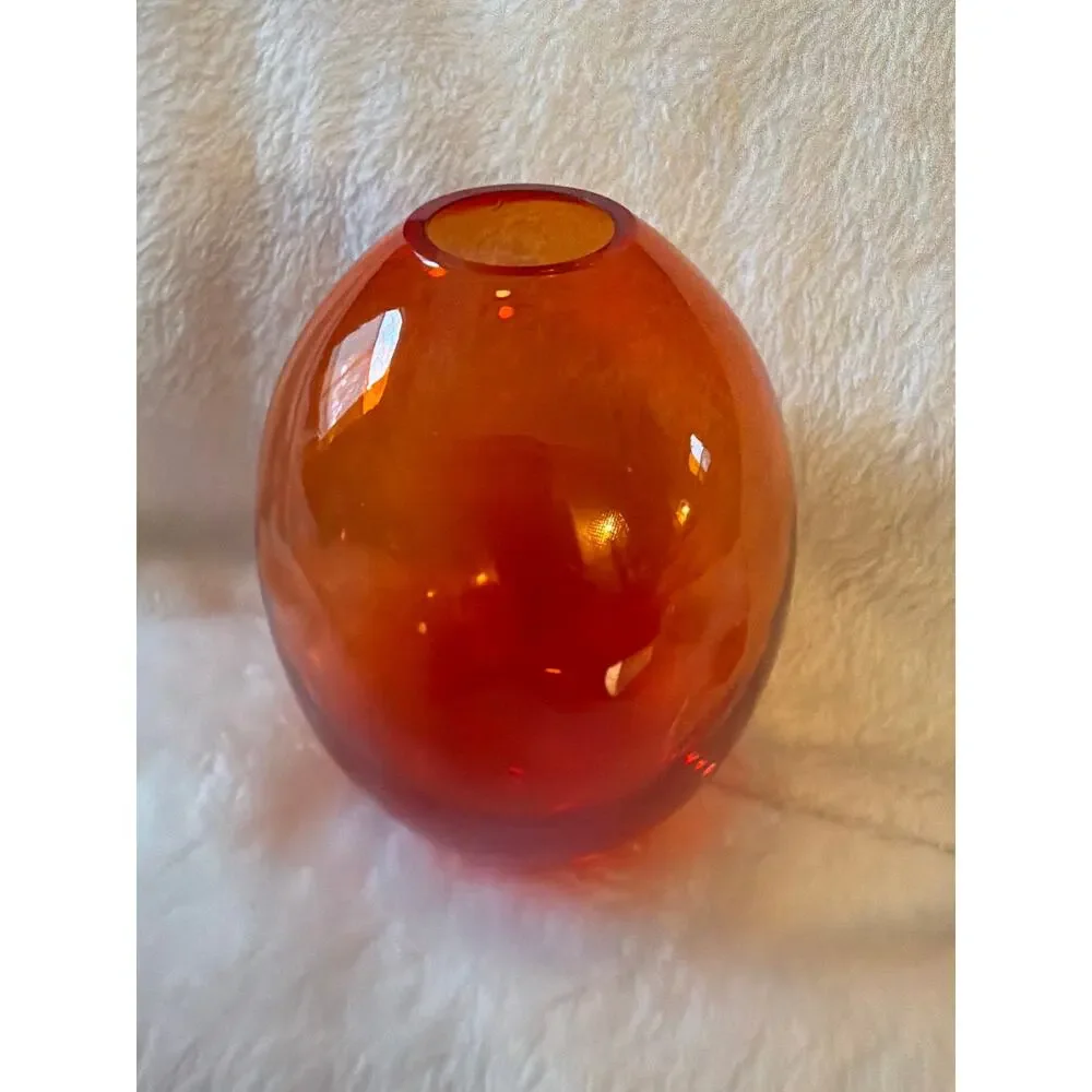 MCM Unsigned Art Glass Amberina Red Orange Ovoid Vase Rounded Heavy 5